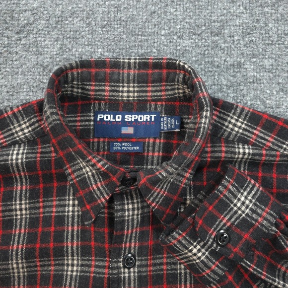 Polo Sport Shirt Mens Large Red Plaid‎ Wool Blend Flannel Outdoors Ralph Lauren - Picture 2 of 11